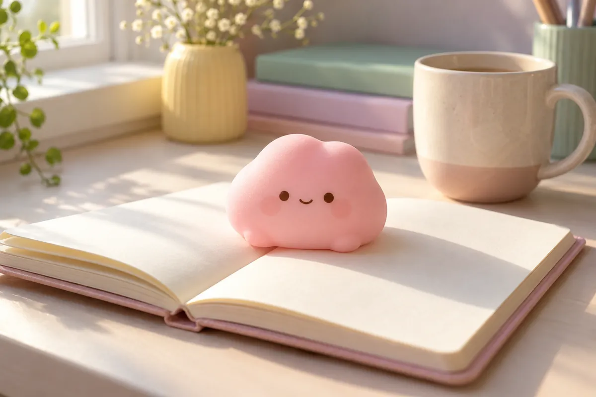 Squishy rosa appoggiato su un quaderno aperto accanto a una tazza, su una scrivania luminosa